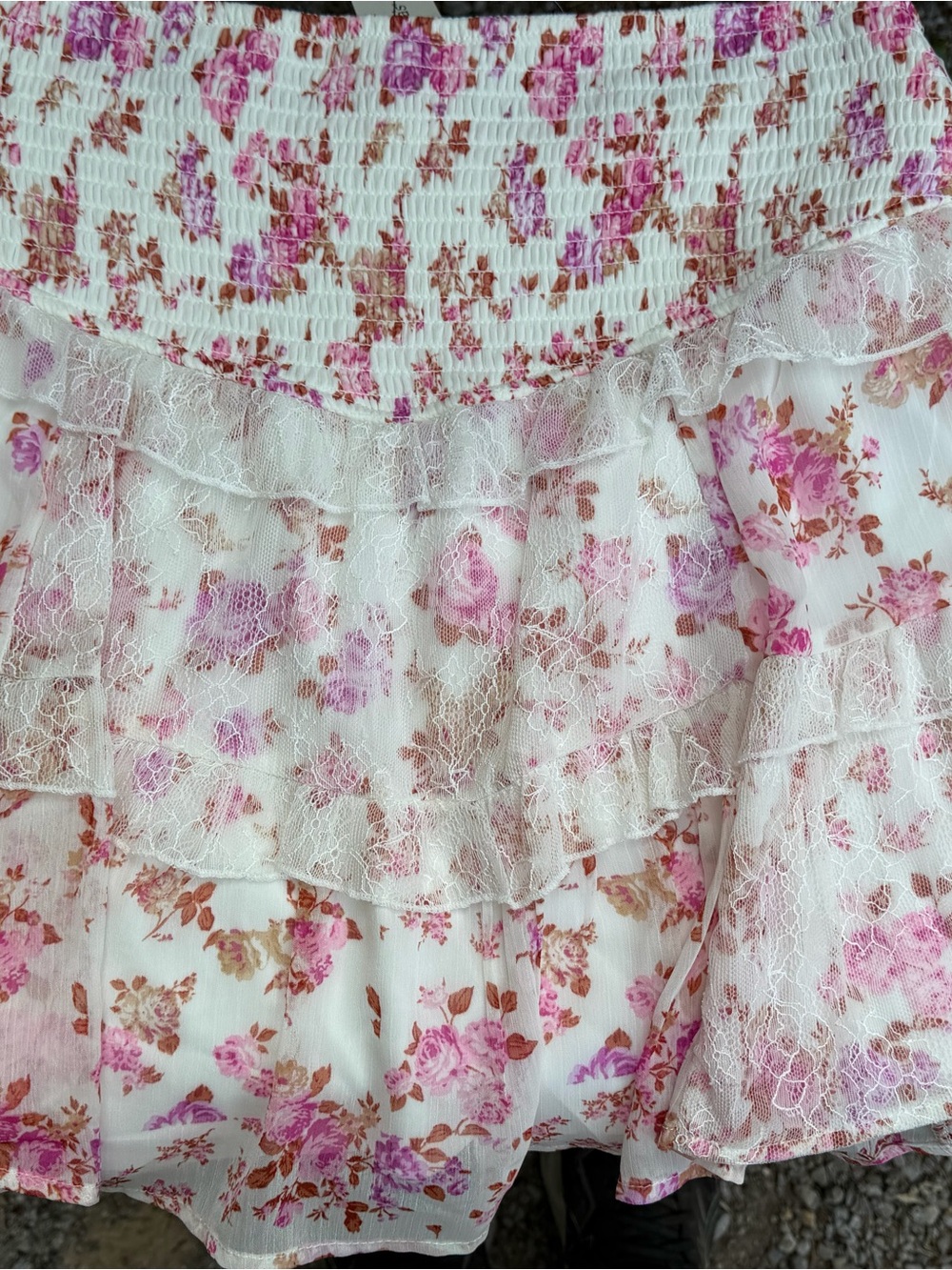 Francesca's Collections Cream Skirt with Pink Floral Lace Tiers - Picture 3 of 4